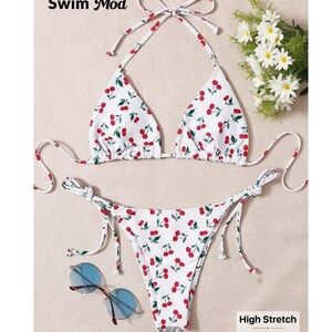 SHEIN Swim Mod Summer Beach Cherry Print Triangle Tie Side Bikini Set